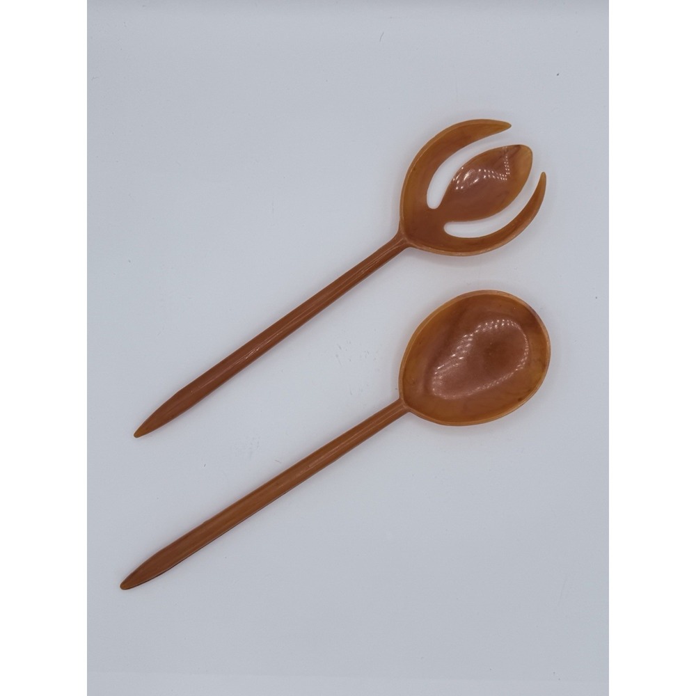 Vintage MCM Plastic Salad Tongs Fork‎ Spoon Set 12" Brown Marbled Lucite Hostess